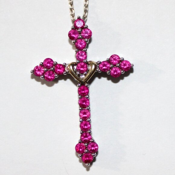 Sterling Silver 10kt Gold Ruby Cross Necklace - Picture 1 of 9